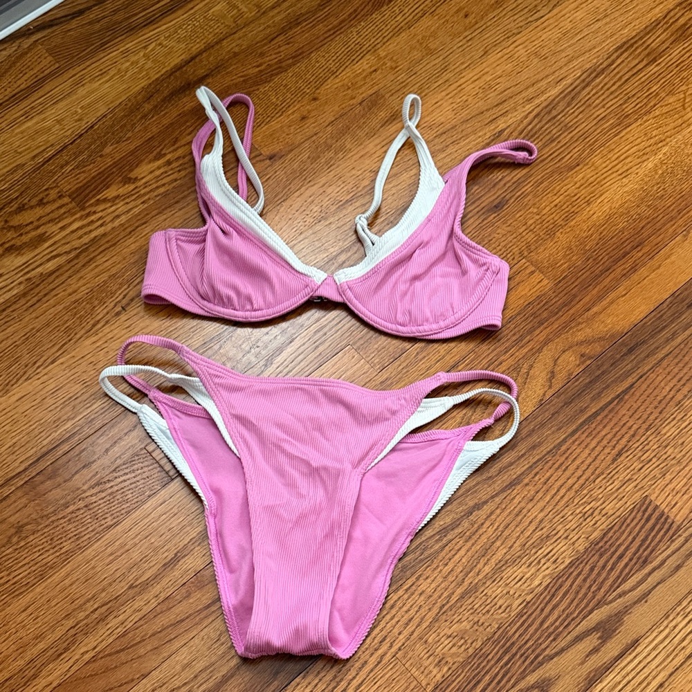 Hollister Gilly Hicks Ribbed Pink Two-Piece Bikini Set with white Trim